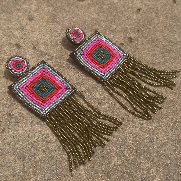 Beaded Dangle Earrings Pink Green Gold Silver Boho  Dopamine - Picture 1 of 7